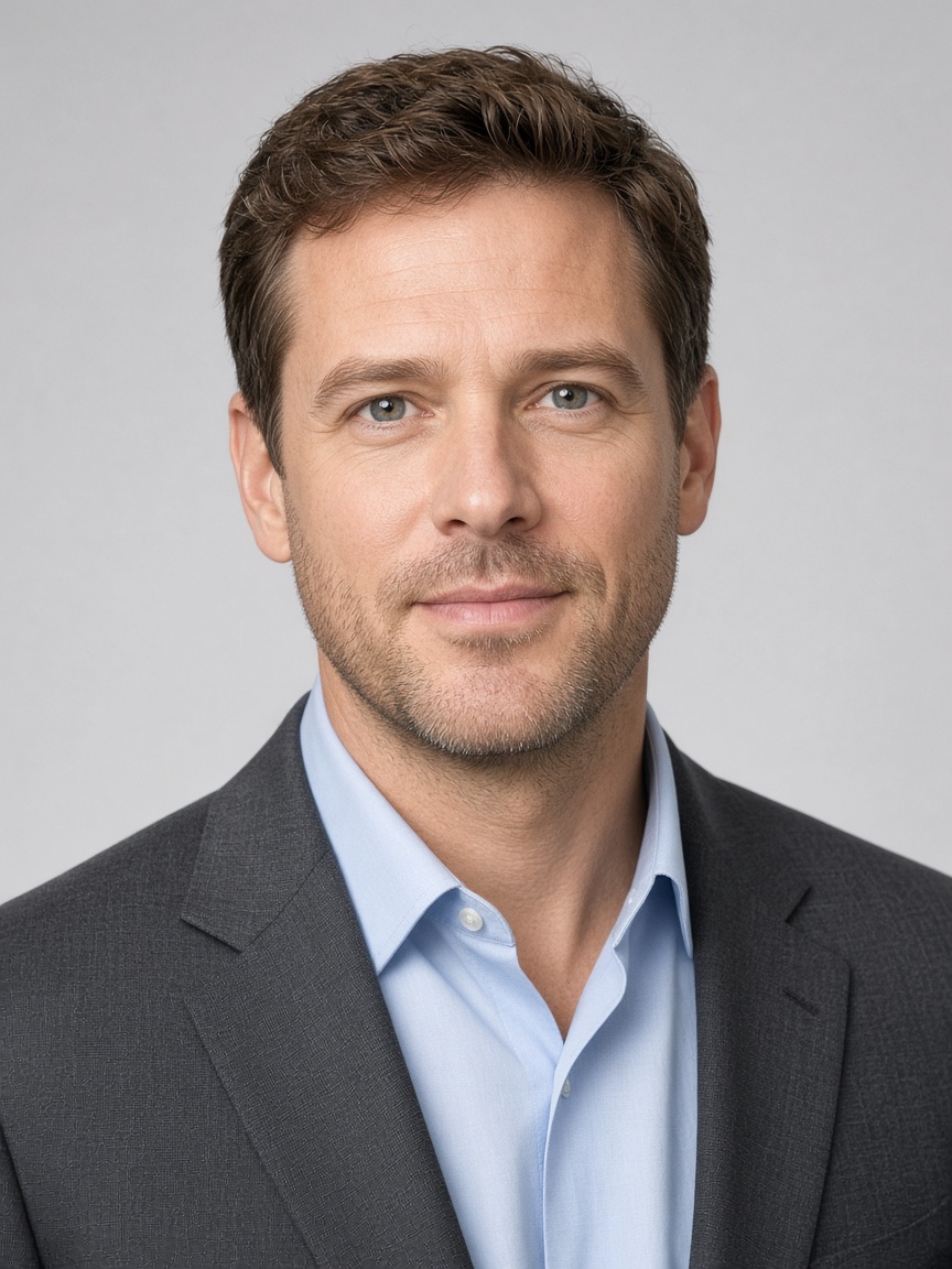 Corporate AI business headshot sample — minimalist studio backdrop